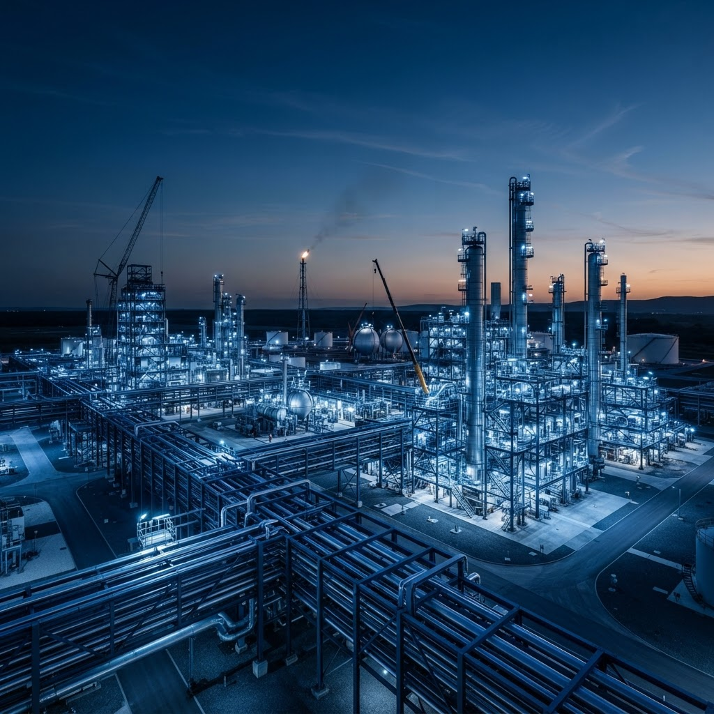 Industrial processing facility at dusk